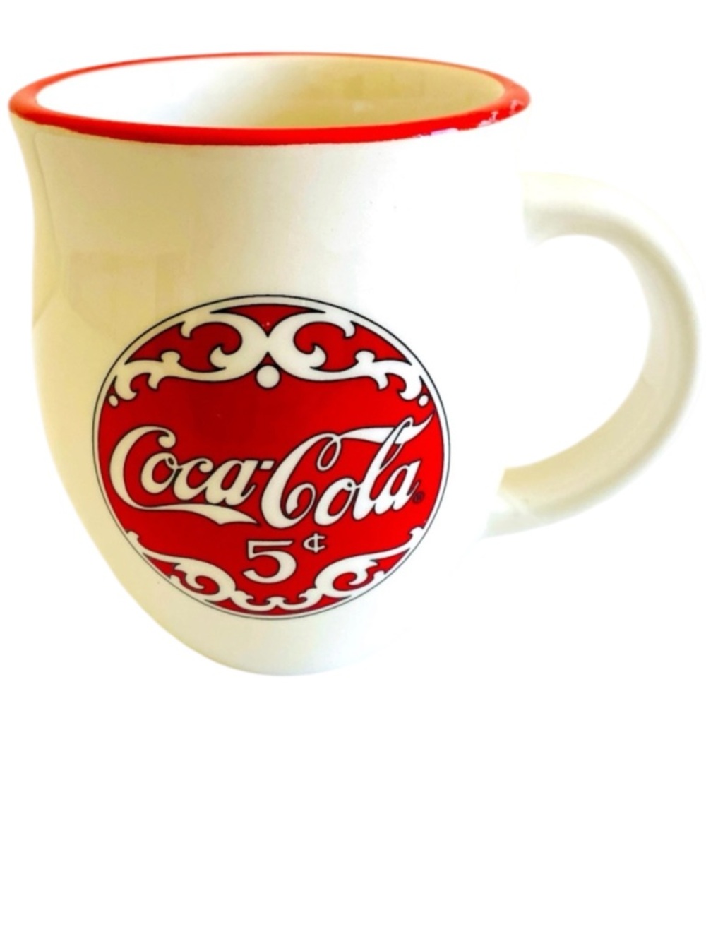 Coca-Cola Coffee Cup Mug with Handle Retro 5 Cent Logo White Red Ceramic